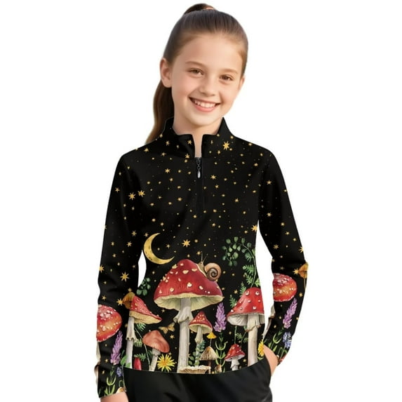 Psesaysky Girls' 1/4 Zipper Sweatshirts Mushroom Snail Moon Night Print Casual Breathable Long Sleeve Pullover Tops Cute Half Zipper Hoodie Sweater Athletic Shirts 6-7 Years