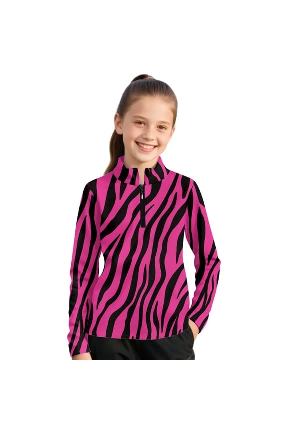 Girls' 1/4 Zipper Sweatshirts Pink Zebra Print Casual Breathable Long Sleeve Pullover Tops Cute Half Zipper Hoodie Sweater Athletic Shirts 10-11 Years
