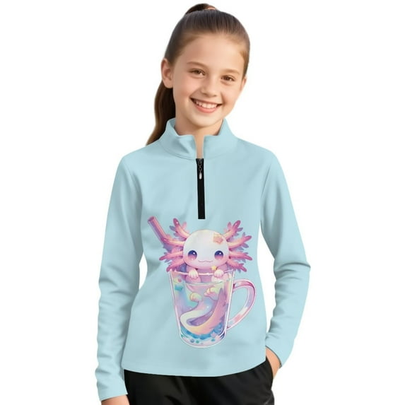 Psesaysky Girls Axolotl Milk Tea Print Sweatshirts Kids Casual Long Sleeve Trendy Tops Fall Comfy Lightweight Quarter Zip Pullovers Athletic Thermal Coat 6-7 Years