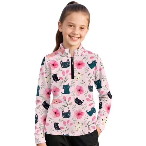 Psesaysky Girls Cartoon Cat Flower Print Fleece Long Sleeve Shirts Soft Half Zip Pullover Sweatshirt Stand-up Collar Kids Athletic Winter Jacket 12-13 Years
