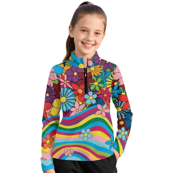 Psesaysky Girls Colorful Floral Rainbow Print Fleece Long Sleeve Shirts Soft Half Zip Pullover Sweatshirt Stand-up Collar Kids Athletic Winter Jacket 6-7 Years