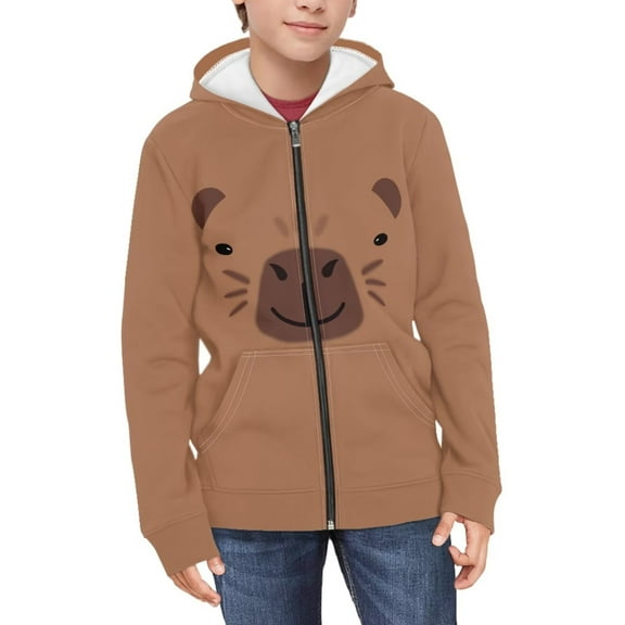 Psesaysky Girls Cute Graphic Print Zip Up Hoodies with Pocket Brown Capybara Design Comfort Soft Hooded Sweatshirts Winter Warm Fleece Jacket 6-7 Years