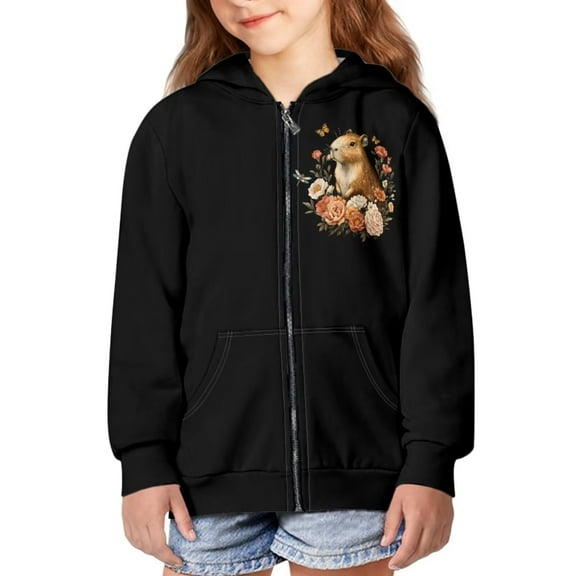 Psesaysky Girls Cute Graphic Print Zip Up Hoodies with Pocket Capybara Peony Flower Print Comfort Soft Hooded Sweatshirts Winter Warm Fleece Jacket 14-16 Years