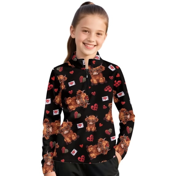 Psesaysky Girls Cute Highland Cow Print Fleece Long Sleeve Shirts Soft Half Zip Pullover Sweatshirt Stand-up Collar Kids Athletic Winter Jacket 8-9 Years