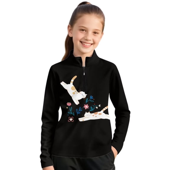 Psesaysky Girls Funny Cat Floral Print Fleece Long Sleeve Shirts Soft Half Zip Pullover Sweatshirt Stand-up Collar Kids Athletic Winter Jacket 10-11 Years
