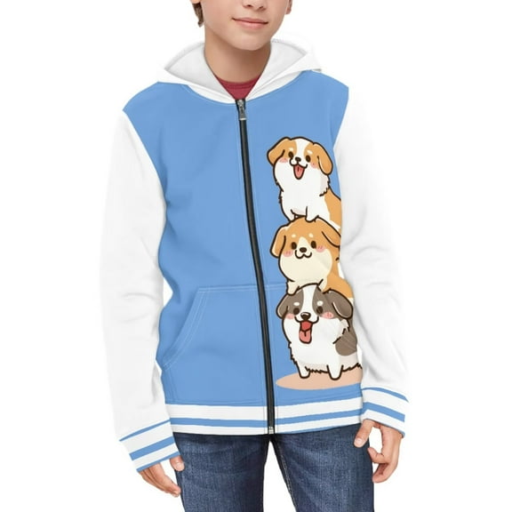Psesaysky Girls Graphic Hoodies Size 6-7 Years Long Sleeve Cartoon Puppy Blue Print Zip Up Hooded Sweatshirt Cute Casual Tops for Girl