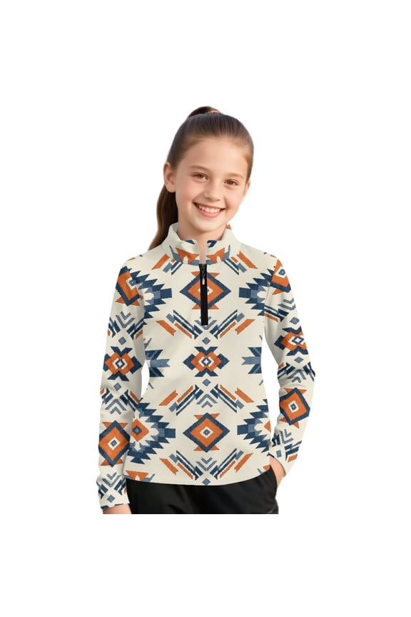Girls Half Zip Sweatshirt Aztec Tribal Print Fleece Quarter Zip Pullover Sweatshirts Fall Winter Clothes for Teen Girl Kids Athletic Winter Jacket 8-9 Years