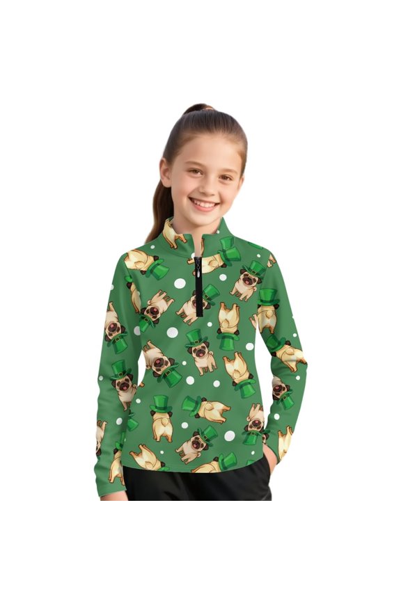 Girls Half Zip Sweatshirt Cute St. Patrick Pug Print Fleece Quarter Zip Pullover Sweatshirts Fall Winter Clothes for Teen Girl Kids Athletic Winter Jacket 6-7 Years