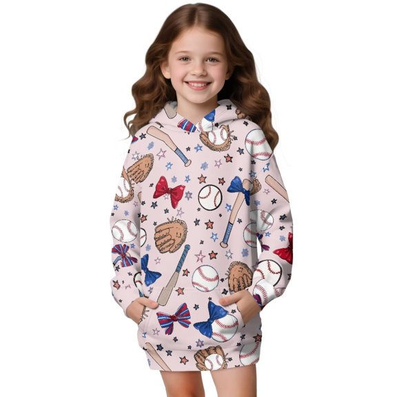 Psesaysky Girls' Hoodies Sweatshirts Baseball Print Long Sleeve Casual Lightweight Pullover Tops Hoodie Dress with Pockets for 7-8 Years