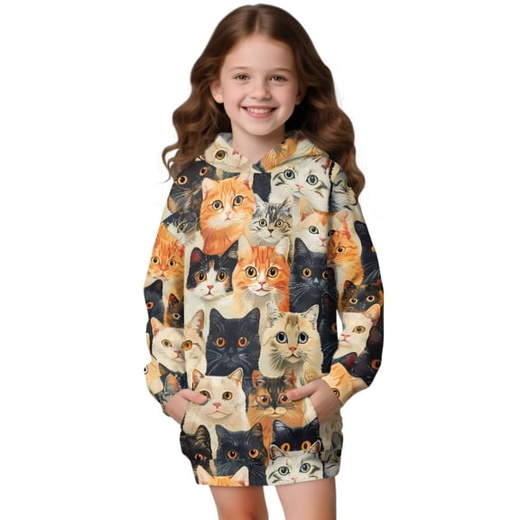 Psesaysky Girls' Hoodies Sweatshirts Cats Print Long Sleeve Casual Lightweight Pullover Tops Hoodie Dress with Pockets for 7-8 Years