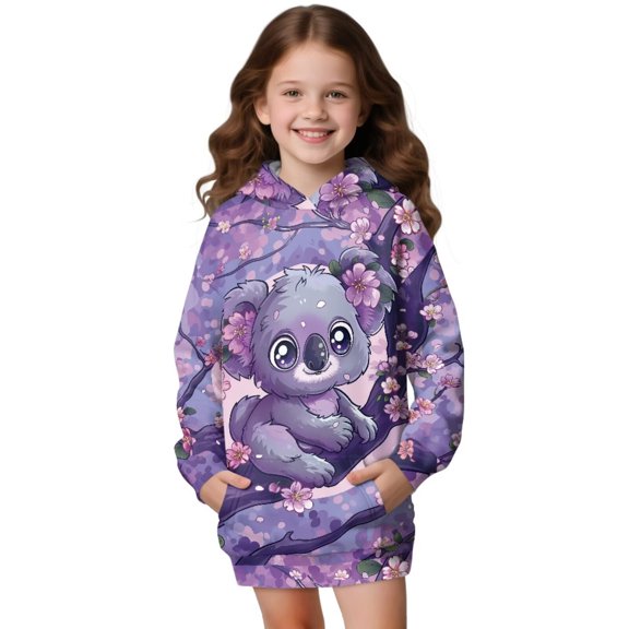 Psesaysky Girls Long Hoodies Cartoon Koala Flower Print Sweatshirt Pullover Kids Teen Loose Outwear Coat Casual Fashion Fall Winter for 13-14 Years