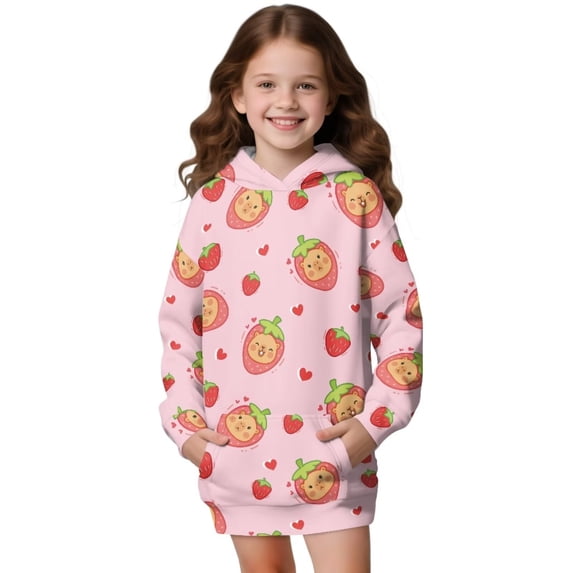 Psesaysky Girls Long Hoodies Cute Capybara Strawberry Print Sweatshirt Pullover Kids Teen Loose Outwear Coat Casual Fashion Fall Winter for 9-10 Years