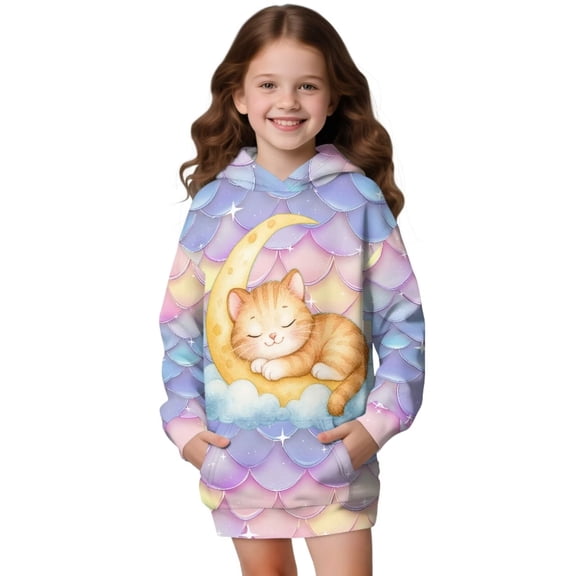 Psesaysky Girls Long Hoodies Cute Kitty Moon Scale Print Sweatshirt Pullover Kids Teen Loose Outwear Coat Casual Fashion Fall Winter for 13-14 Years