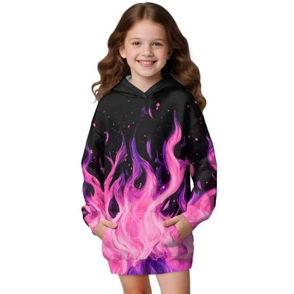 Psesaysky Girls Long Hoodies Pink Flame Print Sweatshirt Pullover Kids Teen Loose Outwear Coat Casual Fashion Fall Winter for 9-10 Years