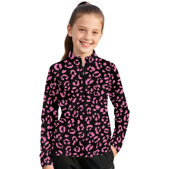 Psesaysky Girls Long Sleeve Shirts Pink Leopard Lips Print Soft Fleece Jacket Fall Half Zip Pullover Kids Sweatshirts Athletic Thermal Coat for Golf Yoga 10-11 Years