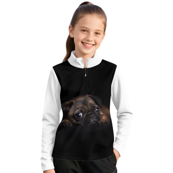 Psesaysky Girls Long Sleeve Shirts Pug Print Quick Dry Athletic Tops Quarter Zip Pullover Kids Teens Sportswear for Golf Yoga Tennis 6-7 Years