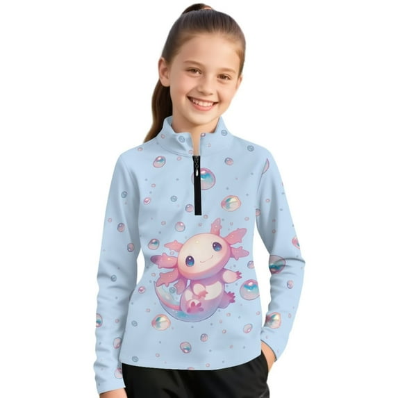 Psesaysky Girls Long Sleeve Sweatshirts Size 8-9 Years Quarter Zip Pullover Tops Cute Axolotl Bubbles Print Shirts for Kids Teens Athletic Winter Jacket