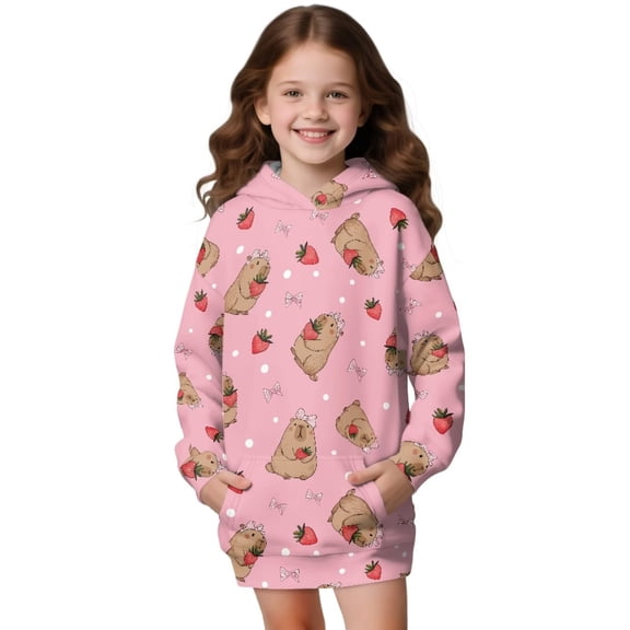 Psesaysky Girls Lovely Capybara Strawberry Print Hoodie Toddler Oversized Hooded Sweatshirt Cute Graphic Casual Pullover Tops with Pockets for 11-12 Years
