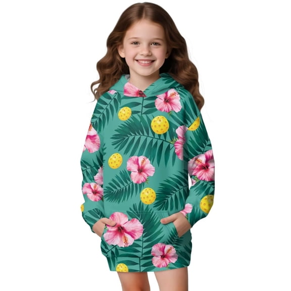 Psesaysky Girls Oversized Hoodies Hibiscus Flower Golf Print Kids Fleece Lined Long Sleeve Hooded Sweatshirt with Kangaroo Pocket for 7-8 Years