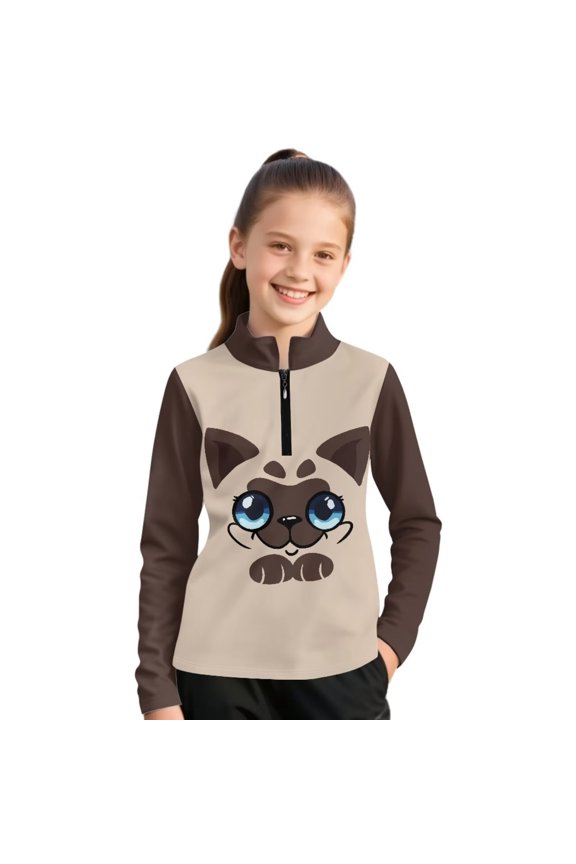 Girls Siamese Cat Print Sweatshirt Long Sleeve for Teen Girls Stand-up Collar Sweatshirt Quarter Zip Pullover Hoodies Fleece Jacket 12-13 Years