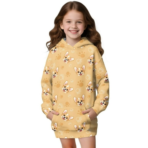 Psesaysky Girls Sweatshirt Long Sleeve Hoodie Dress Pullover Sweater Oversized Cute Corgi Print Clothes Kids Outfits Tops with Pocket for 11-12 Years