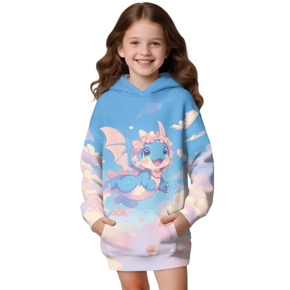 Psesaysky Girls Sweatshirt Long Sleeve Hoodie Dress Pullover Sweater Oversized Cute Dragon Print Clothes Kids Outfits Tops with Pocket for 7-8 Years