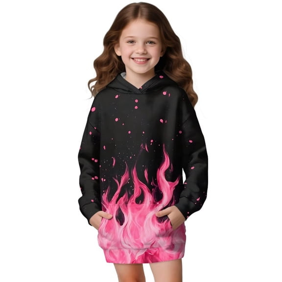 Psesaysky Girls Sweatshirt Long Sleeve Hoodie Dress Pullover Sweater Oversized Pink Fire Print Clothes Kids Outfits Tops with Pocket for 9-10 Years