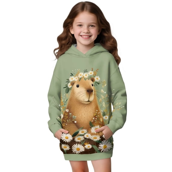 Psesaysky Girls and Toddlers' Pullover Capybara Daisy Flower Printed Long Hoodie Sweatshirt with Kangaroo Pocket Casual Loose Sweatshirts for 9-10 Years