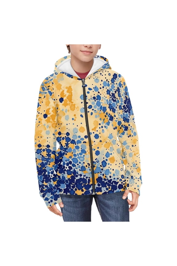 Girls Zip Up Hoodies Paint Splatter Yellow Blue Printed Fleece Zipper Sweatshirts Hooded for Toddler Girls Cozy Winter Fall Jacket 14-16 Years