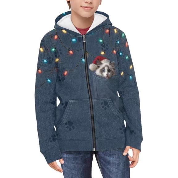Psesaysky Girls Zip Up Hoodie Christmas Kitty Print Casual Long Sleeve Jacket Lightweight Sweatshirt with Pockets Winter Fall Outwear Tops 8-10 Years