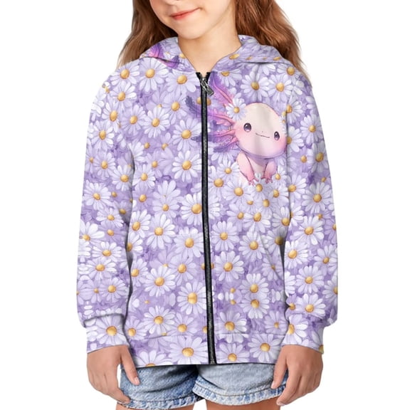Psesaysky Girls Zip Up Hoodies Axolotl Daisy Flower Printed Fleece Zipper Sweatshirts Hooded for Toddler Girls Cozy Winter Fall Jacket 14-16 Years