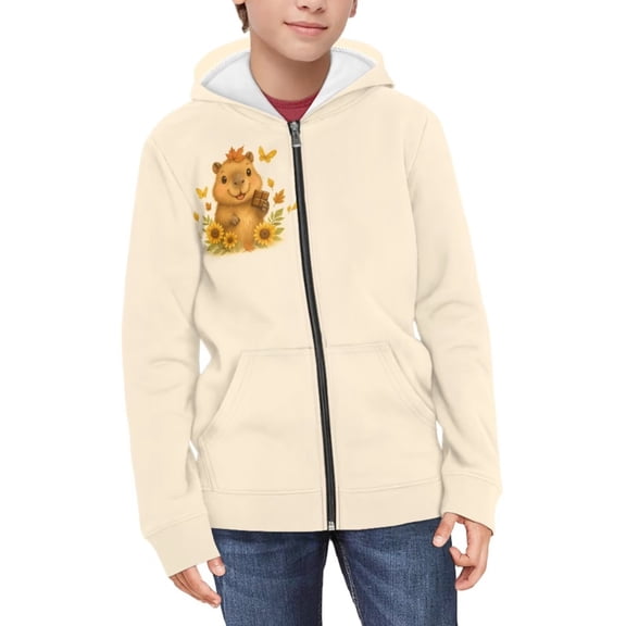 Psesaysky Girls Zip Up Hoodies Cute Capybara Sunflower Printed Fleece Zipper Sweatshirts Hooded for Toddler Girls Cozy Winter Fall Jacket 14-16 Years