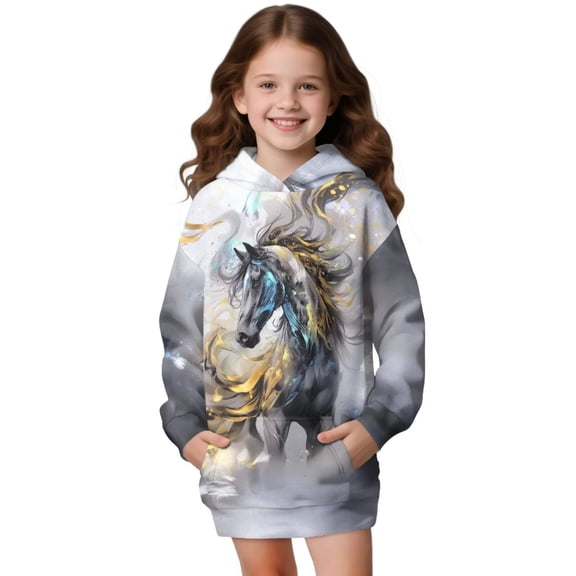 Psesaysky Girls and Toddlers' Pullover Grey Horse Printed Long Hoodie Sweatshirt with Kangaroo Pocket Casual Loose Sweatshirts for 7-8 Years