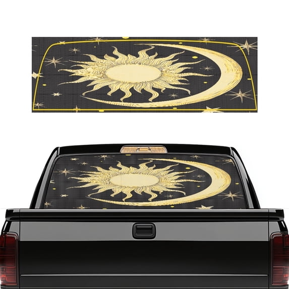 Psesaysky Golden Sun Moon Stars Vinyl Car Window Decal, 66.9 x 22.4 Inch Waterproof Full Windows Coverage Truck Rear Window Decal for Most Pickup Trucks