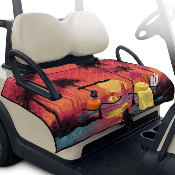 Psesaysky Golf Cart Seat Covers with 4 Pockets Soft Golf Cart Seat Towel Blanket, Extra Handle, Foldable and Washable, Suit EZGO TXT RXV/Club Car Seats, Tropical Sunset Pink