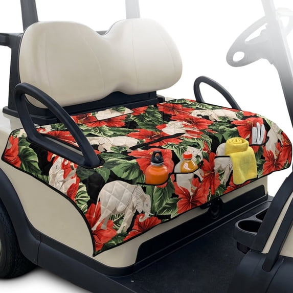 Psesaysky Golf Cart Seat Covers with Extra Handle, Tropical Portable Golf Seat Towel Blanket, Non-slip Back, All Seasons Fit for EZGO, Yamaha, Club Car Front Seats, Red Hibiscus Flower