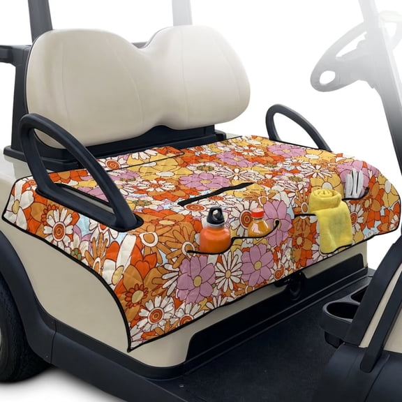 Psesaysky Golf Cart Seat Covers, Portable Golf Cart Seat Towel Blanket with 4 Front Pockets & Handle Fits for EZGO, Yamaha, Club Car Front Seats (70s Hippie Floral)
