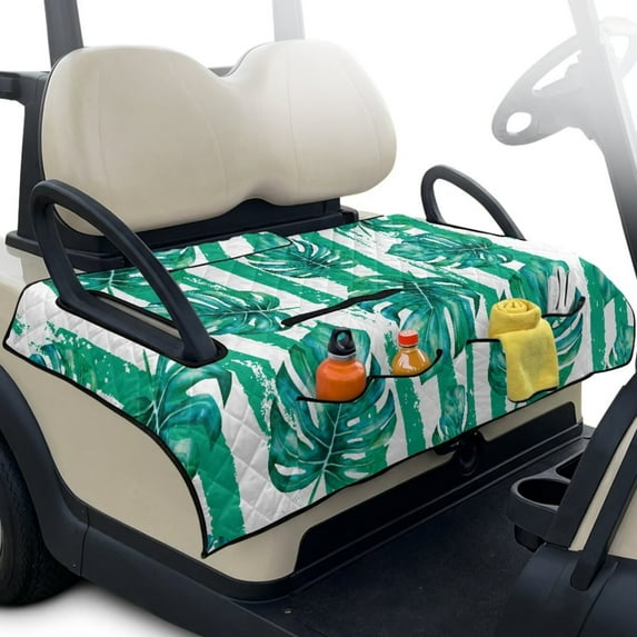 Psesaysky Golf Cart Seat Covers, Tropical Universal Golf Cart Seat Towel Blanket with 4 Front Pockets & Non-slip Bottom Fits for EZGO, Yamaha, Club Car and More 2 Person Seats (Green Monstera)