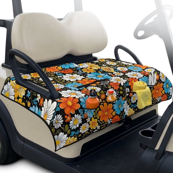 Psesaysky Golf Cart Seat Covers Universal Golf Cart Seat Towel Blanket with 4 Pockets and Extra Handle, Soft and Washable, Fit for EZGO, Yamaha, Club Car Front Seats, Vintage Daisy Floral
