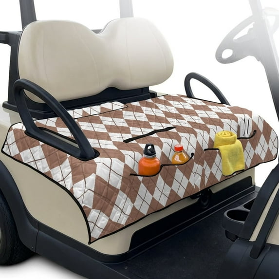 Psesaysky Golf Cart Seat Covers (With an extra handle) Seat Blanket, with 4 Front Pockets, Fits for EZGO, Yamaha, Club Car, Epic and Other 2 Person Seats, All Seasons (Brown Scottish Cage)