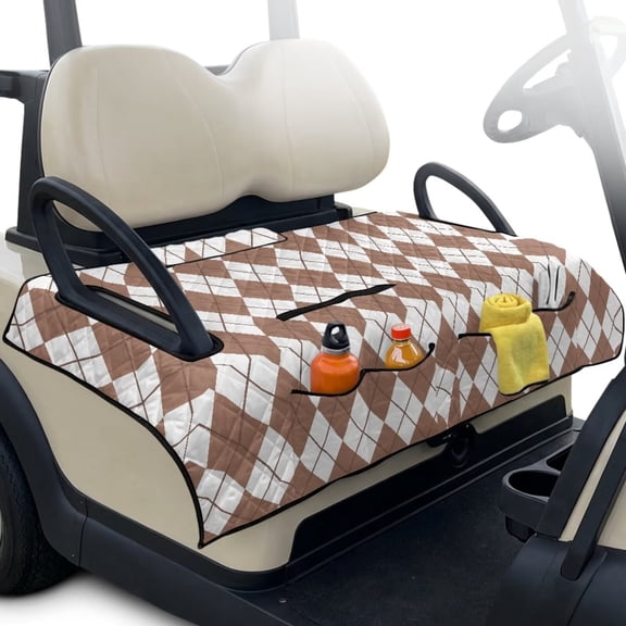 Psesaysky Golf Cart Seat Covers (With an extra handle) Seat Blanket, with 4 Front Pockets, Fits for EZGO, Yamaha, Club Car, Epic and Other 2 Person Seats, All Seasons (Brown Scottish Cage)