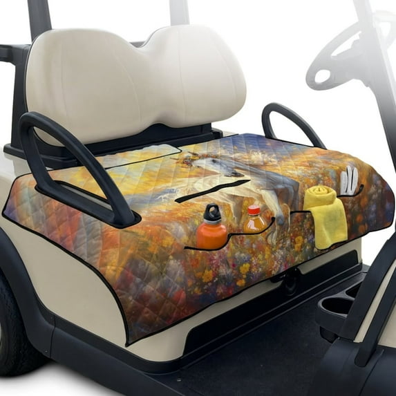 Psesaysky Golf Cart Seat Covers (With an extra handle) Seat Blanket, with 4 Front Pockets, Fits for EZGO, Yamaha, Club Car, Epic and Other 2 Person Seats, All Seasons (White Horse Flower)