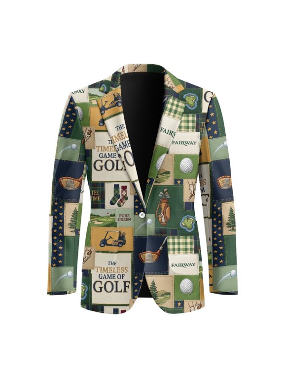 Golf Patchwork Business Suit Jacket with One Button, Single Breasted Polyester Coat for Men's Casual Office Wear