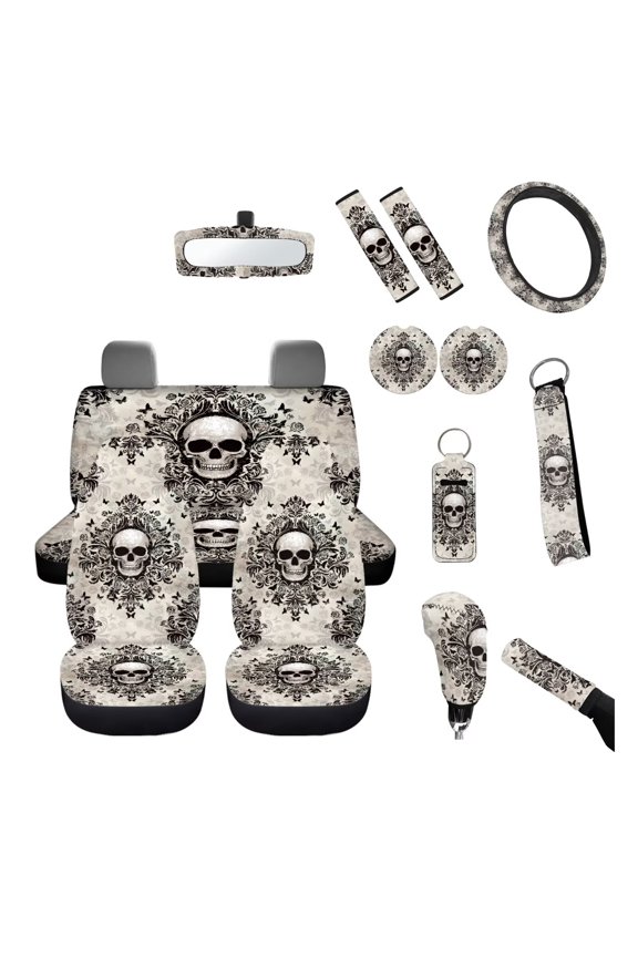 Gothic Skull Car Interior Accessories Set 14Pcs Skull Auto Front Rear Seat Covers Rearview Mirror Cover Nonslip Steering Wheel Cover Cup Mats Seatbelt Pads Keychain Easy Install