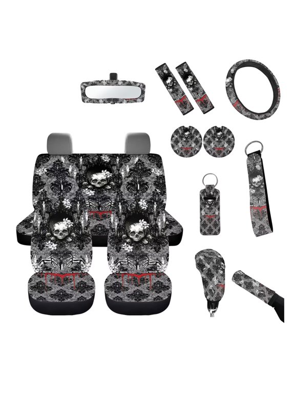 Gothic Skull Car Seat Cover Fashion Automotive Interior Set Gothic Floral Seat Cushion Cover Car Steering Wheel Cover Keychain Rearview Mirror Accessory Shift Handbrake Covers
