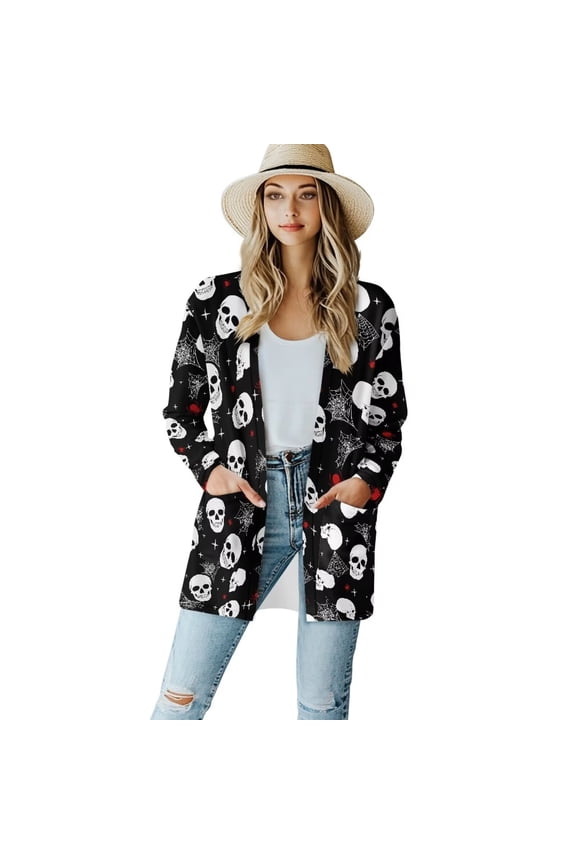 Gothic Skull Cobweb Women's Cardigan Casual Lightweight Long Sleeve Drape Open Front Loose Fall Cardigans Dusters Flowy Long Tops for Girls with Pockets