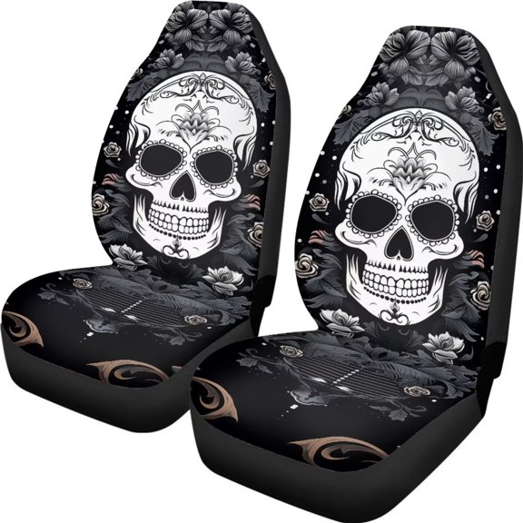 Psesaysky Gothic Skull Print Car Seat Covers 2pcs Universal Fit Front Car Interior Seat Protectors Polyester Fabric