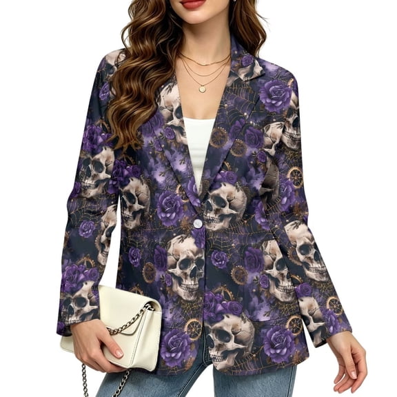 Psesaysky Gothic Skull Purple Rose Blazer for Women Casual One Button Work Slim Fit Jacket with 2 Pockets Halloween Lapel Collar Office Professional Blazers Formal Business Suit Jackets Outfits