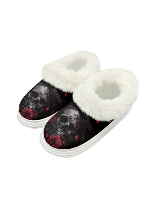 Gothic Skull Rose Print Women's House Slippers Thick Sole Fuzzy Slippers for Women Men Fluffy Home Shoes, Size 4-5
