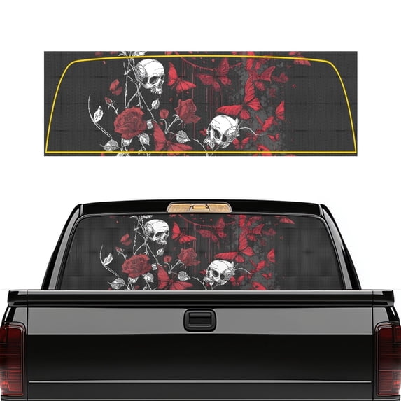 Psesaysky Gothic Skull Rose Vinyl Truck Rear Window Decal, 66.9 x 22.4 Inch UV Resistant Full Window Coverage Pickup Car Window Stickers for Most Pickup Trucks
